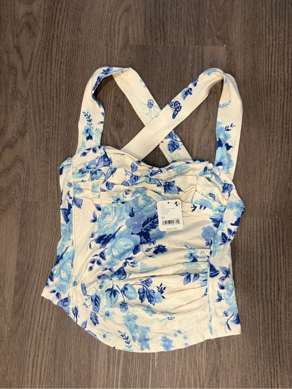Free People Blue Floral Ruched Crossback Tank